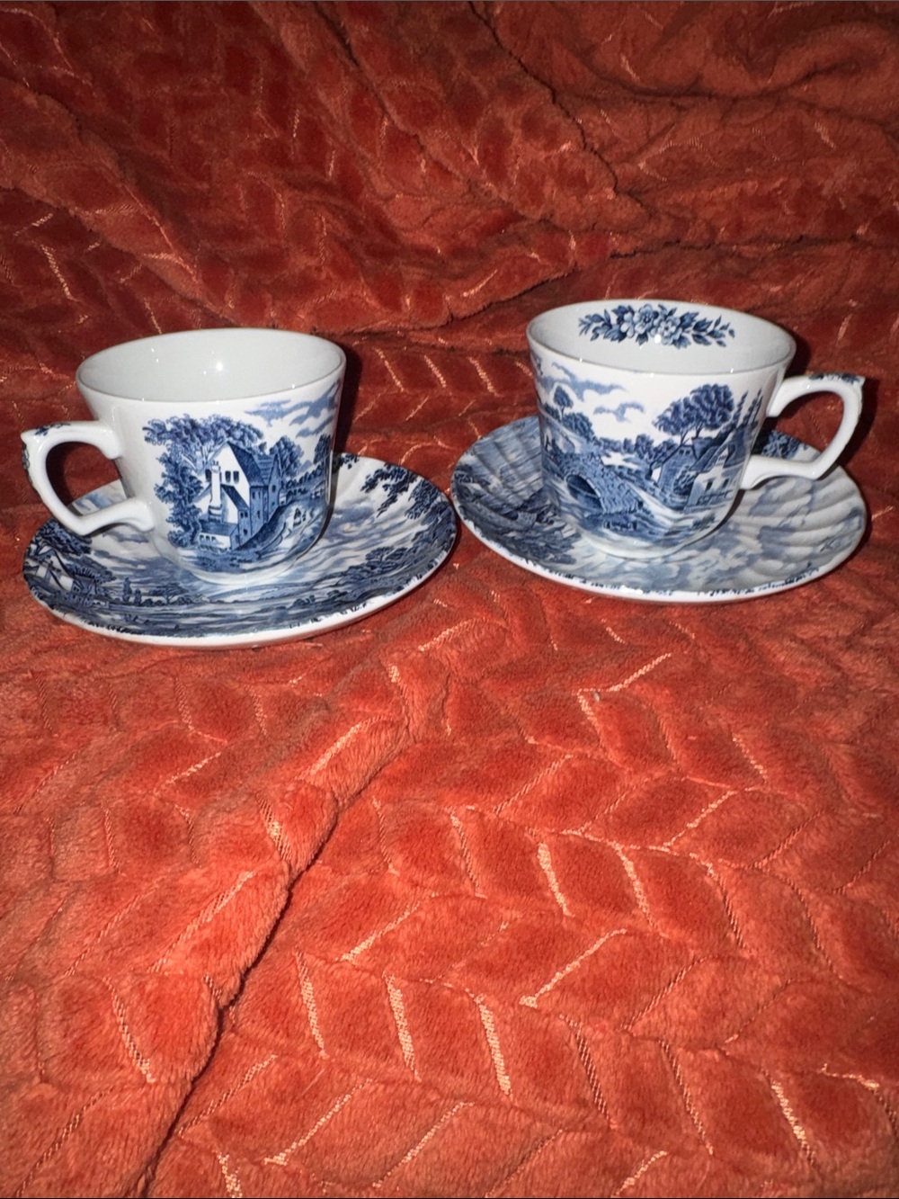 RARE VTG Set of 2 Staffordshire England "Blue Brook" Blue & White Teacup & Sauce